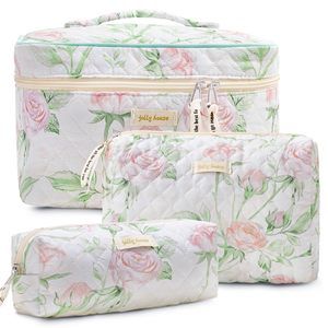 Quilted Makeup Bag, 3pcs Cotton Large Travel Makeup Bag, Cute Floral Coquette💙